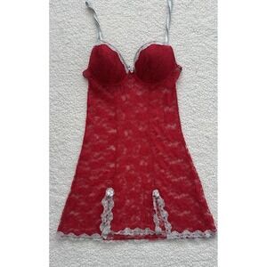 Womens SEXY RED See Through Lace  Chemise Lingerie Silver Trim Nighty Size M